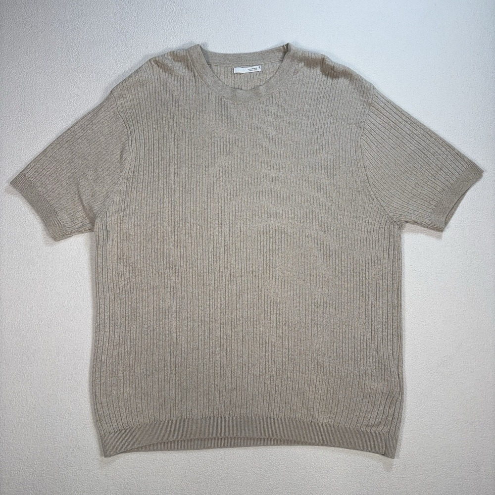 Zara Linen Cotton Rayon Knit Texture T-Shirt Men M Beige Coastal Resort Vacation